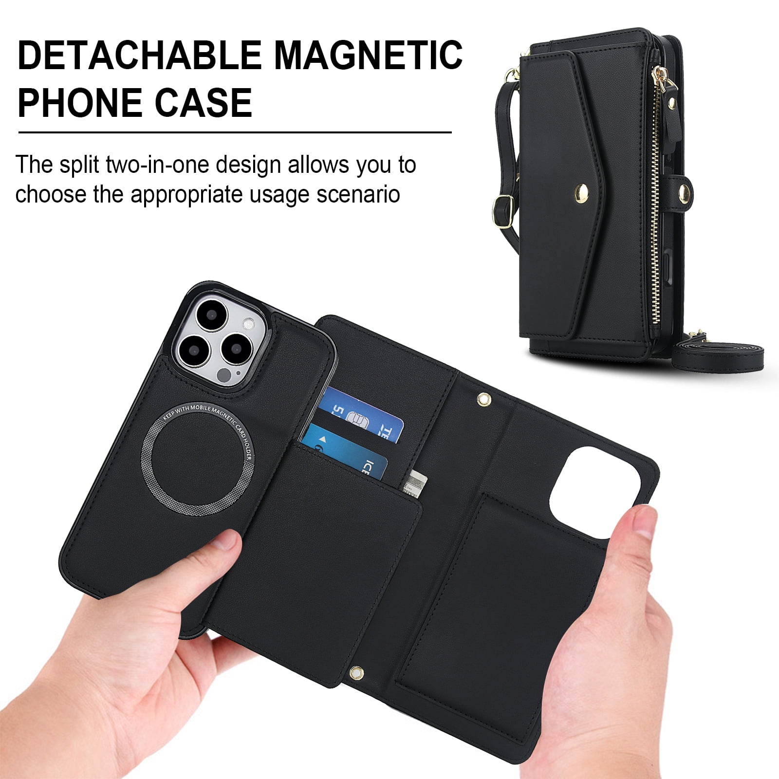 Designed for iPhone 15 Pro Multi-Function Wallet Phone Case,With Shoulder Strap&Wrist Strap,Cash Pocket&Card Slots,Zipper Purse,Magnetic Detachable PU Leather Flip Phone Case,Black