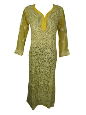 Mogul Womens Yellow Tunic Dress Georgette Floral Embroidered Casual Boho Dresses Beach Cover Up
