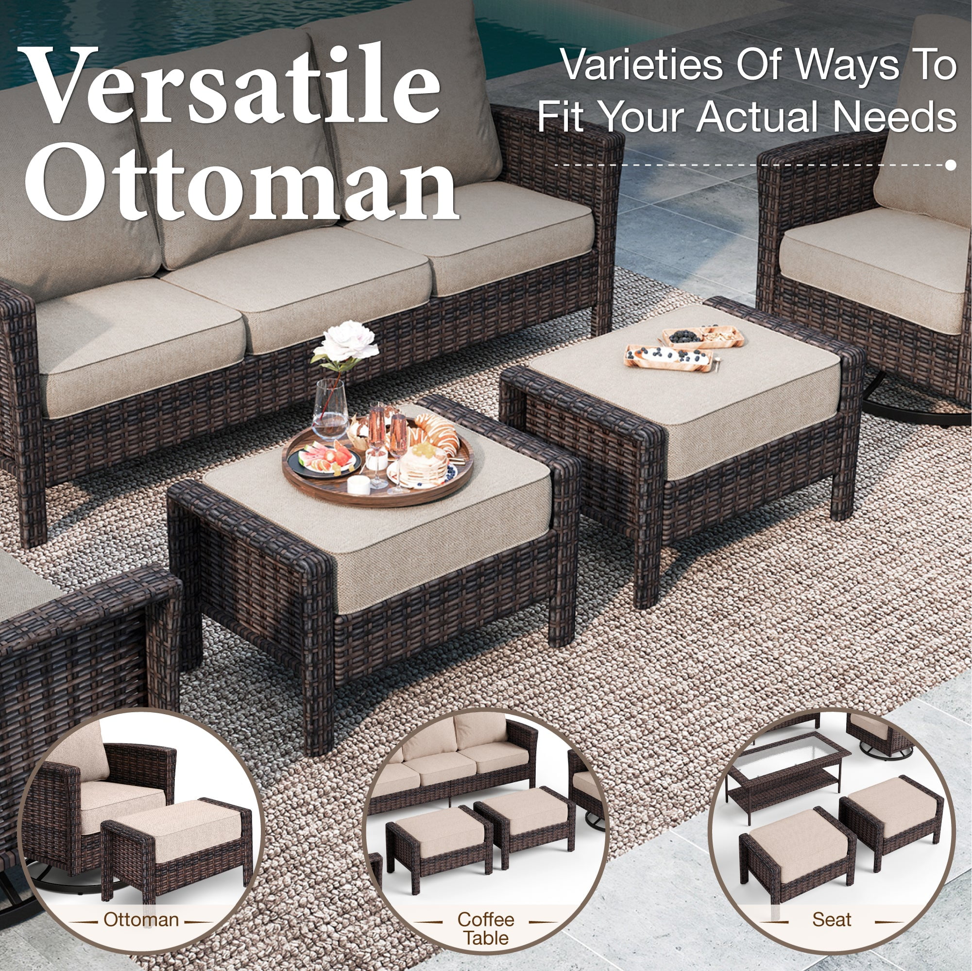 9-Seat Outdoor Conversation Set with 56" Gas Fire Pit Table (50,000 BTU), Wicker Sectional Patio Furniture Set with Swivels Chairs, Beige