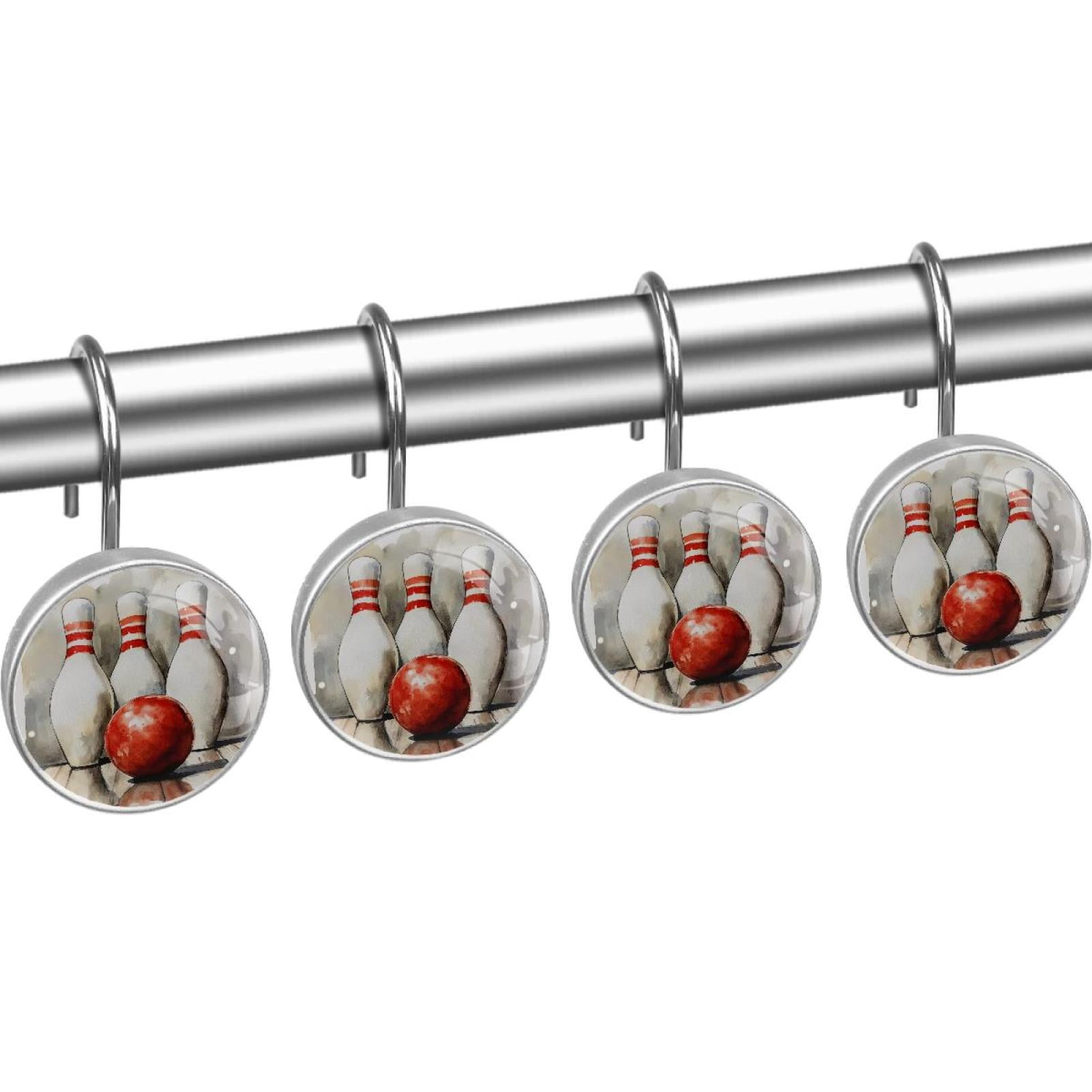 Watercolor Bowling Pins Ball Shower Curtain Hooks Round Crystal Glass, Set of 12 Shower Curtain Rings - Shower Hooks for Curtain Shower Rings