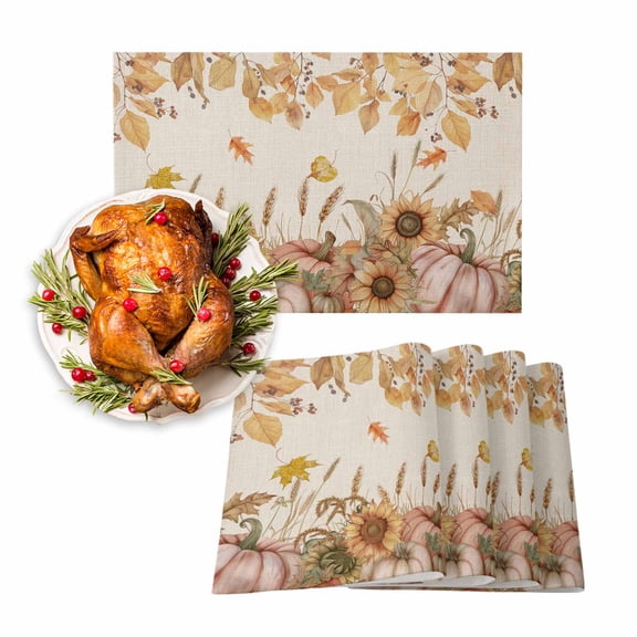 Fall Placemats Set of 4 Sunflower Pink Pumpkin Place Mats Thanksgiving Placemat Autumn Leaf Table Mats for Dining Kitchen Table Holiday Dinner Party Home Fall Decorations 13x19 Inch