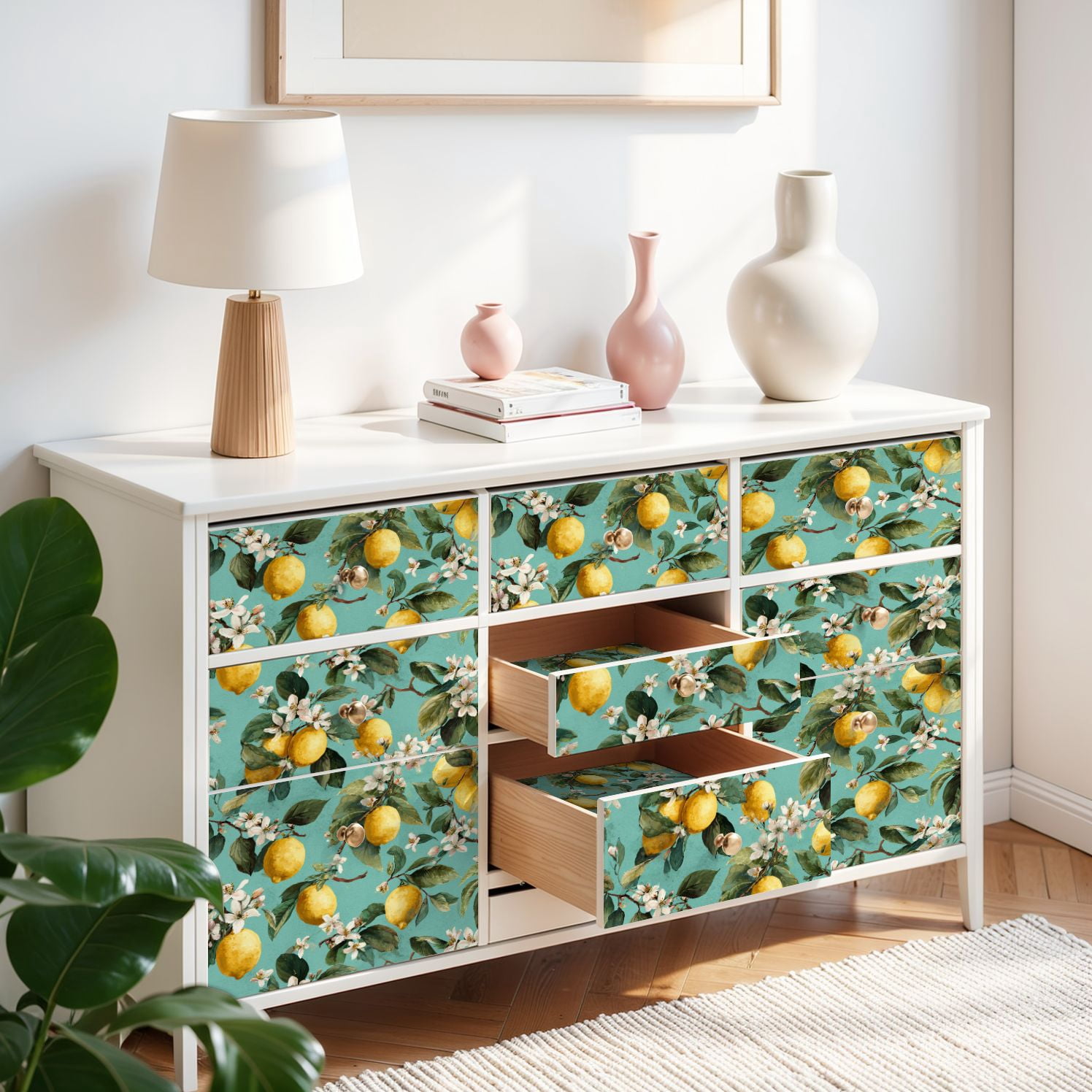 Peel and Stick Wallpaper Seamless Lemon Fruits Floral 24in x 118in Contact Paper Removable Self Adhesive Wall Mural Wall Decor for Bedroom Kitchen Cabinets