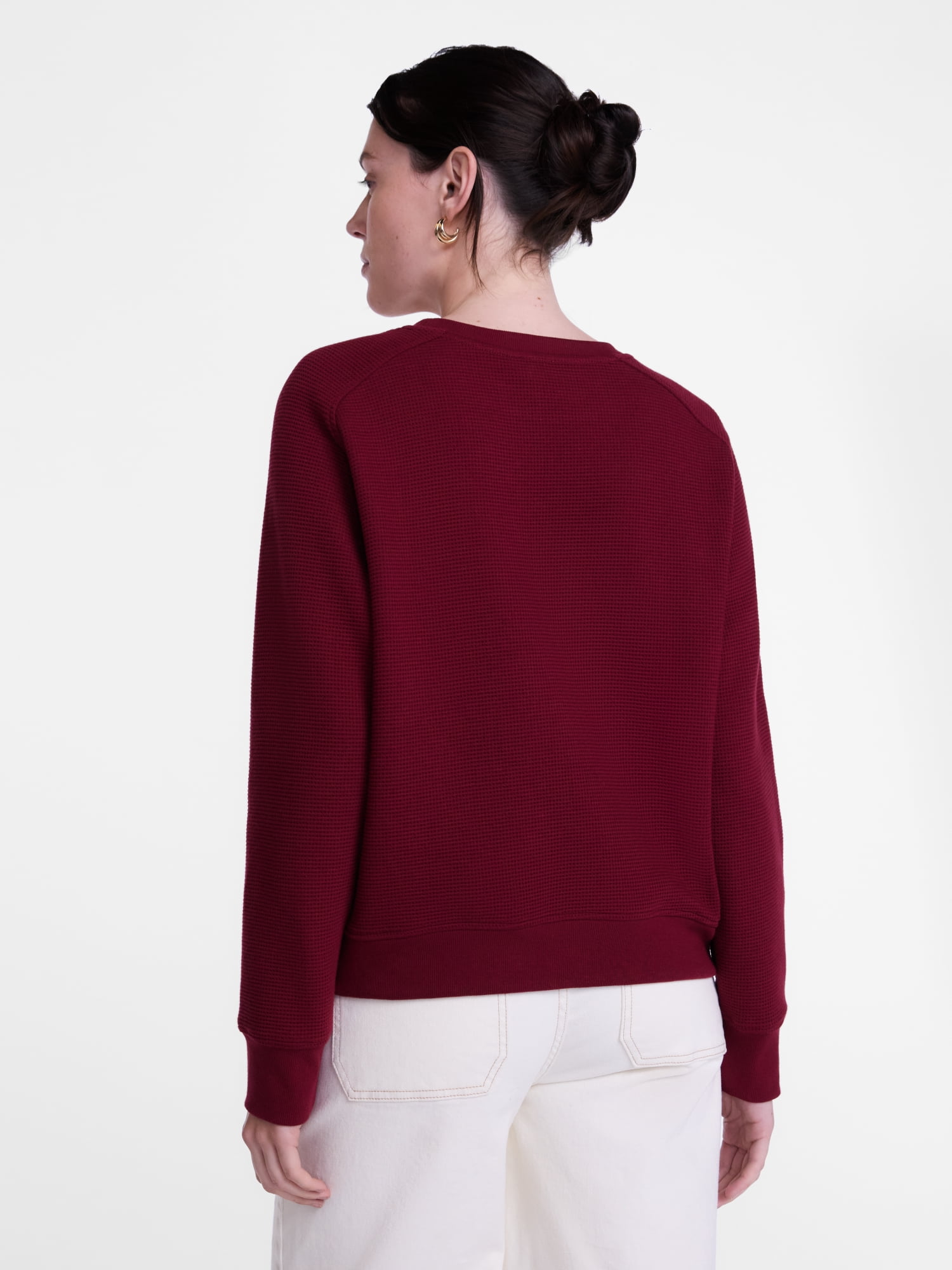 Scenario Women's Waffle Knit Crewneck Tee with Long Sleeves, Sizes XS-XXXL