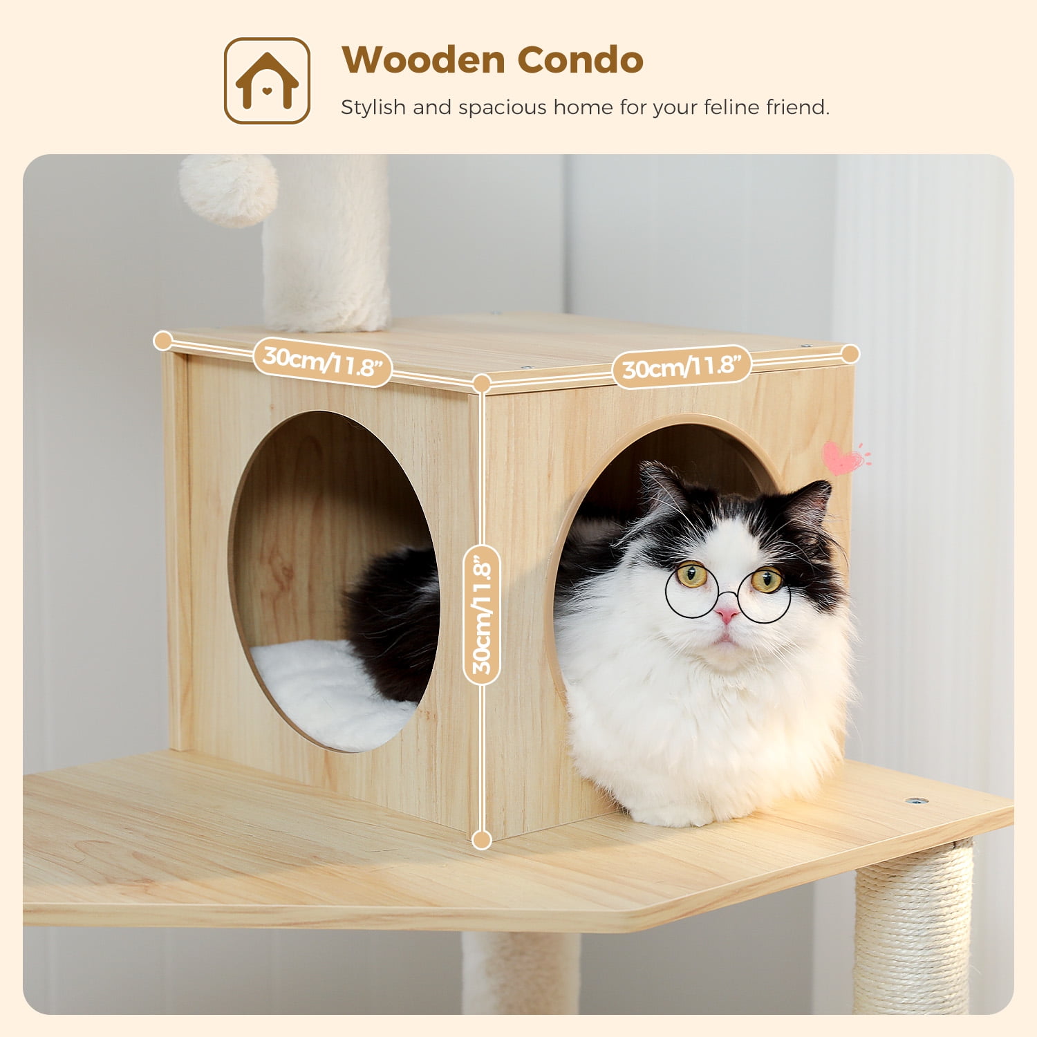 PEQULTI 56.3" Wood Cat Tree for Indoor Cat Cat Tower with Sisal Scratching Post and Large Hammock Beige