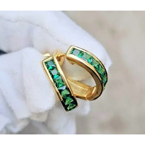 1Ct Princess Cut Simulated Emerald Women Hoop Earring 14K Yellow Gold Plated