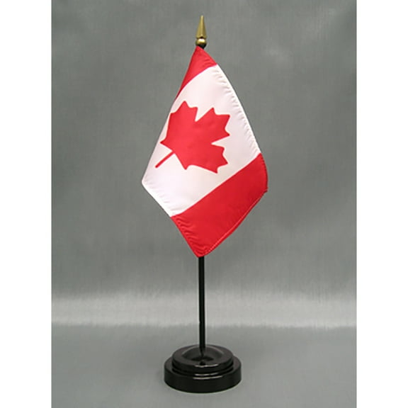 Made in The USA. 2 Canada Rayon 4"x6" Miniature Office Desk & Little Hand Waving Table Flags Includes 2 Flag Stands & 2 Small Mini Canadian Stick Flags, Also Includes Canada Flag Lapel Pin.