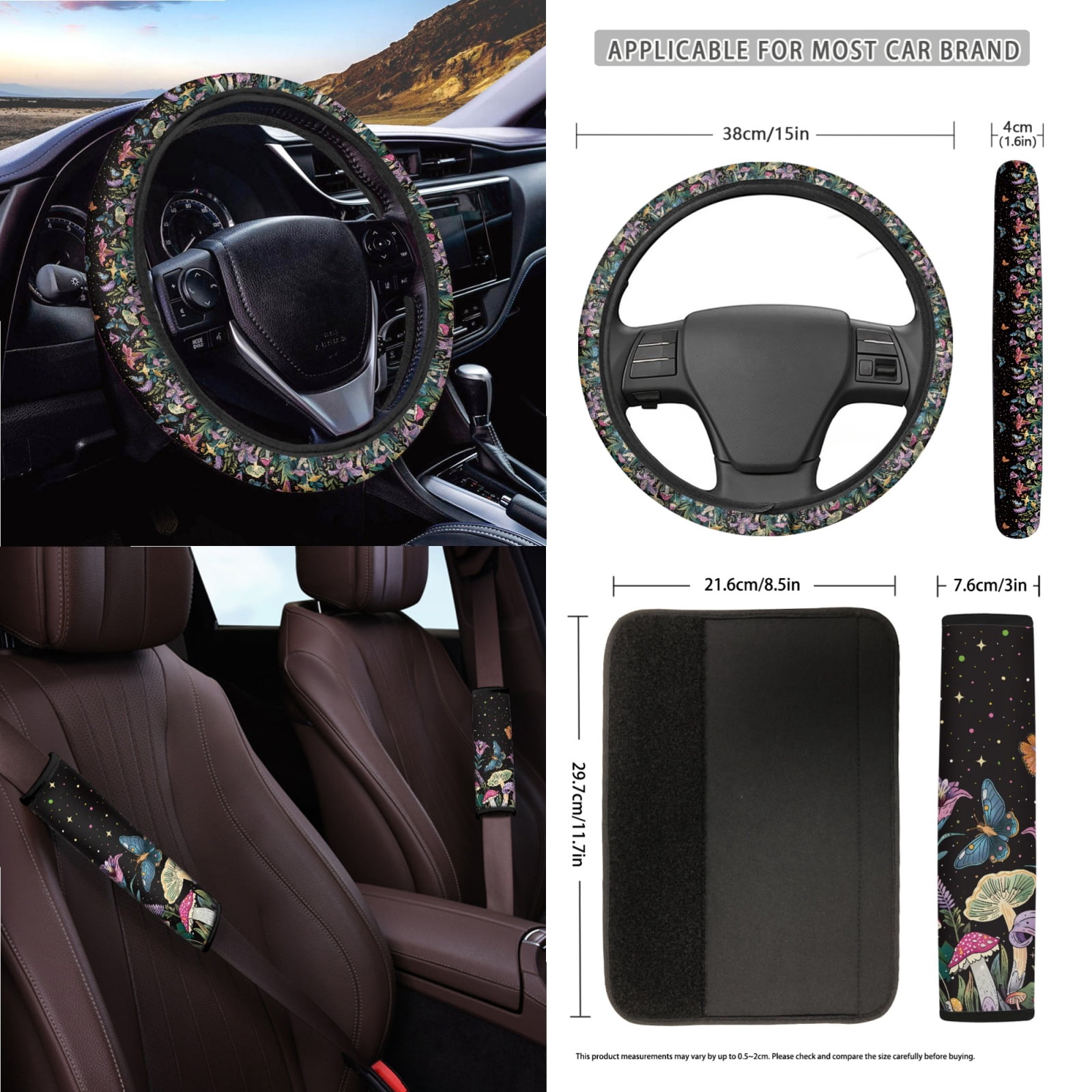 Garronmavis Aesthetic Butterfly Petunia 15 PCS Car Seat Cover Full Set 4 Pieces Car Seat Covers Steering Wheel Cover Keychain Car Trash Bag Car Dash Accessories Rearview Mirror Cover Car Coasters