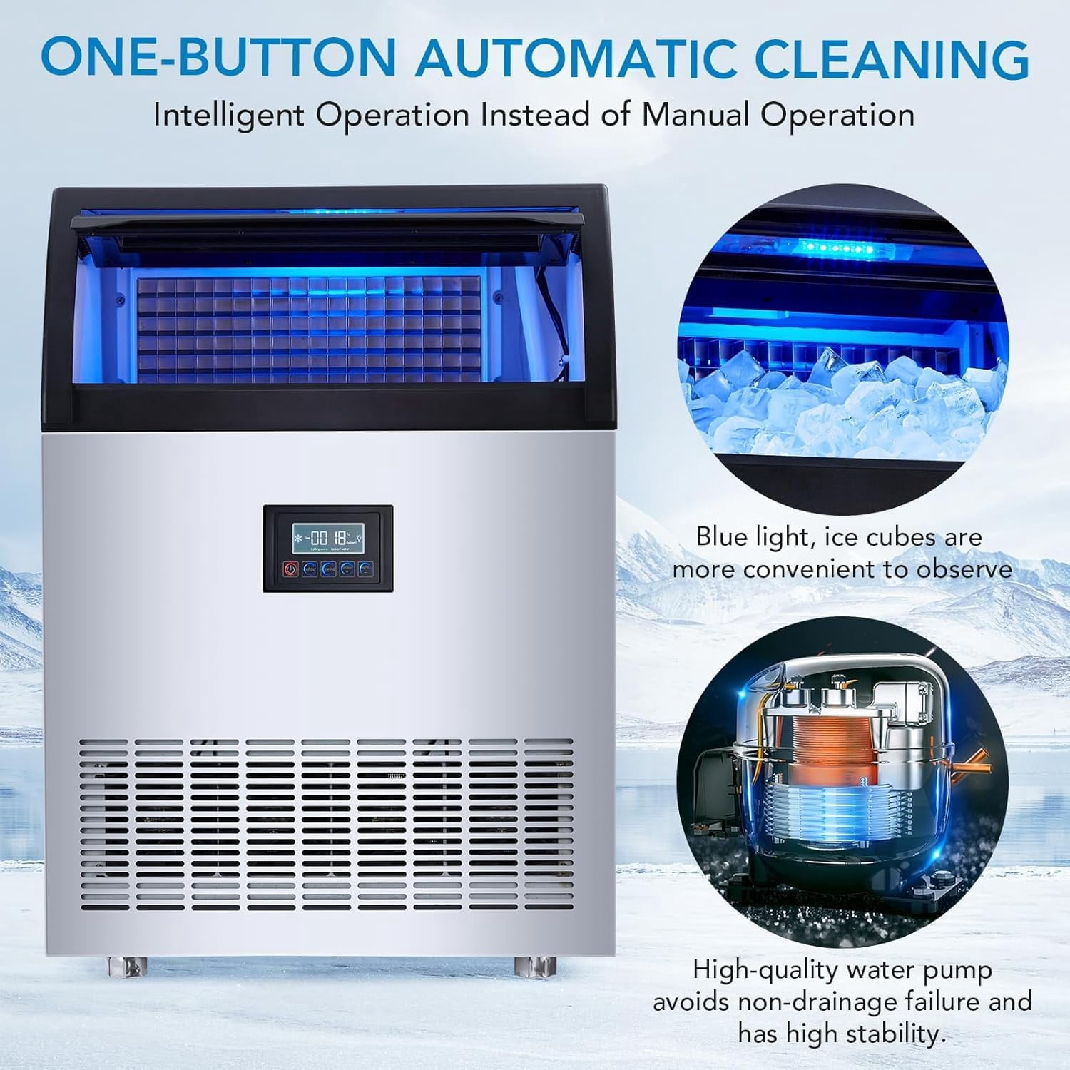 High-Efficiency Commercial Ice Machine – 200 lbs/24h Production, 55 lbs Storage, 126 Cubes/12 Min, LED Panel, Built-in Filter, for Home, Office, Bar, Parties