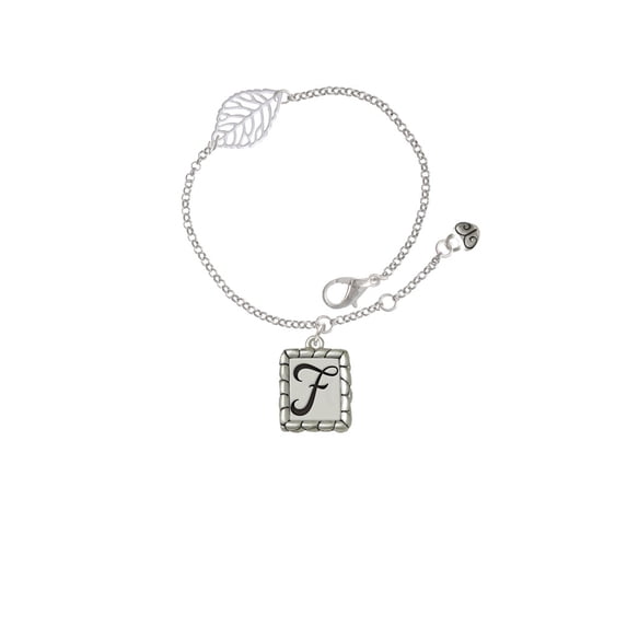 Delight Jewelry Silvertone Pebble Border Initial - F - Silvertone Leaf Delicate Bracelet, 6.25+1.75"