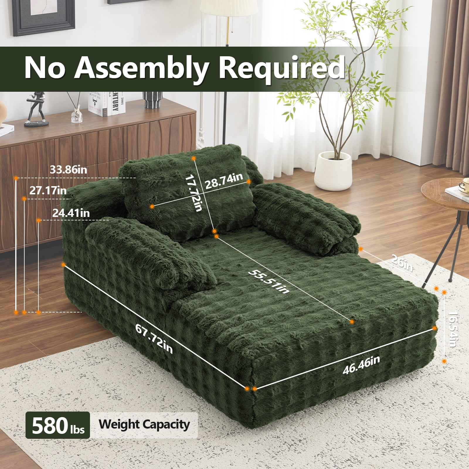 Ktaxon 68" Lounge Chair, Bubble Fleece Fabric Sofa Bed, Boneless Sleeper Chaise with Removable Backrest & Pillow-Top Armrests for Living Room Green