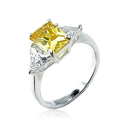 - 3CT Canary Yellow Square Cubic Zirconia Princess Cut Trillion Side Stones AAA CZ Engagement Ring 925 Sterling Silver
