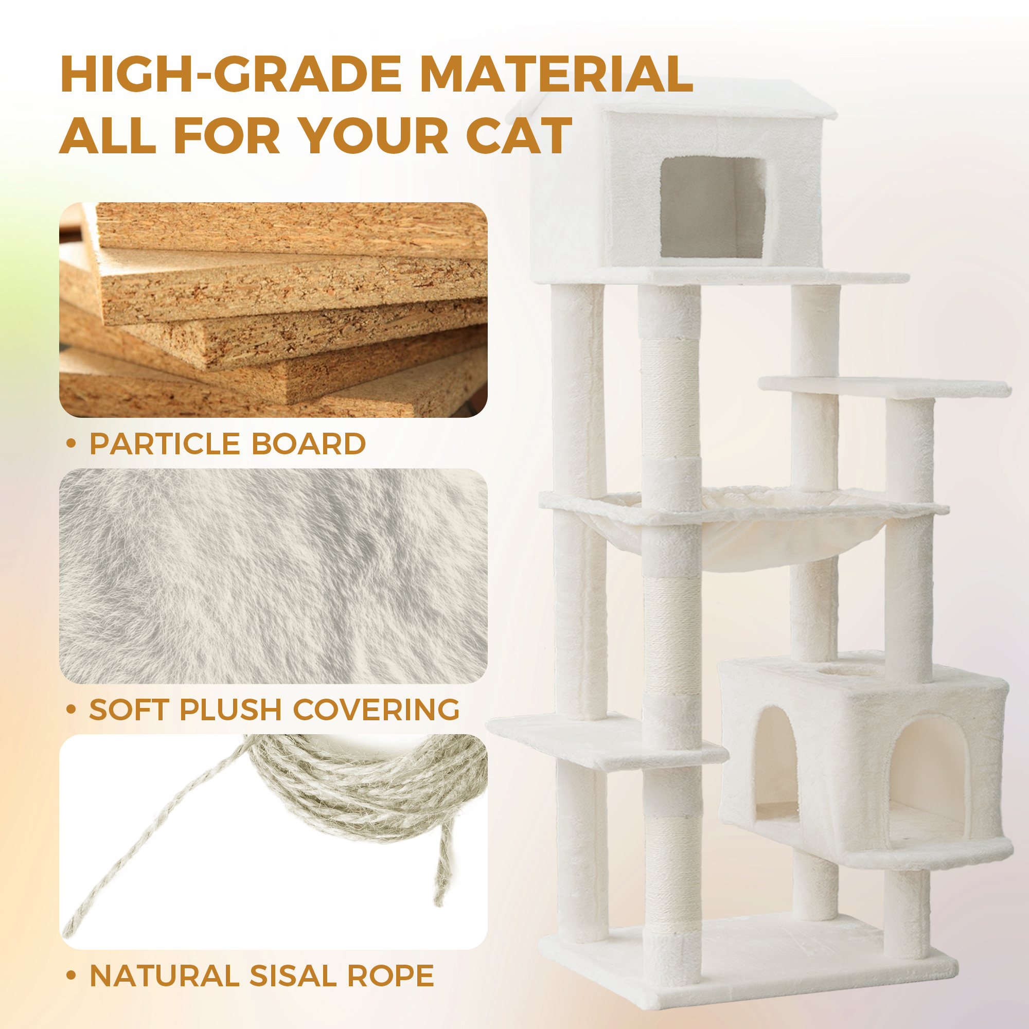 64in Cat Tree with Unique Cat House, Hammock, Scratching Posts - Plush Cat Tower for Indoor Cats, Ideal for Multiple Cats