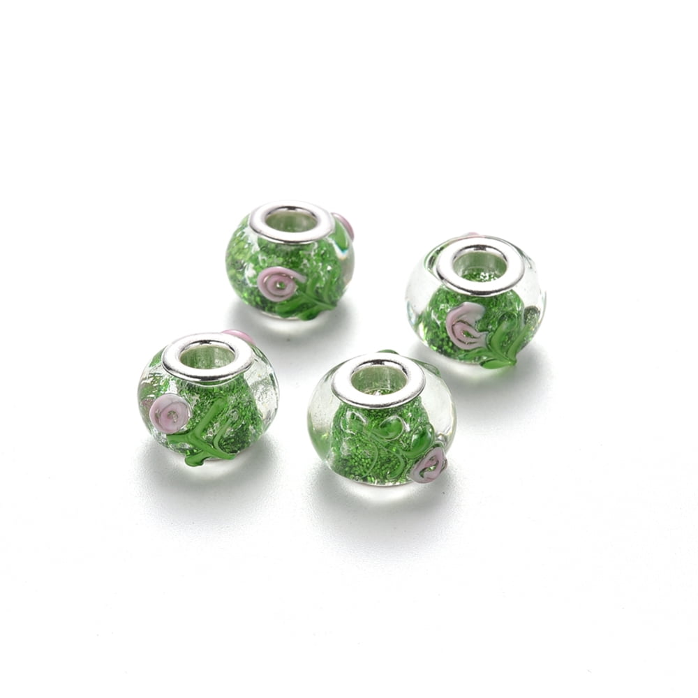 Handmade Lampwork European Beads Large Hole Rondelle Beads with Platinum Tone Brass Double Cores Mix Pattern Green 14~16x9~10mm Hole: 5mm