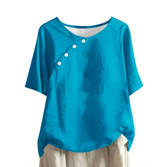 CFLVAEK Hauts en Gaze de Coton pour Femmes, Chemises à Boutons à Col Rond Coupe Ample Grande Taille Décontractées à Manches Courtes Blouses Confortables