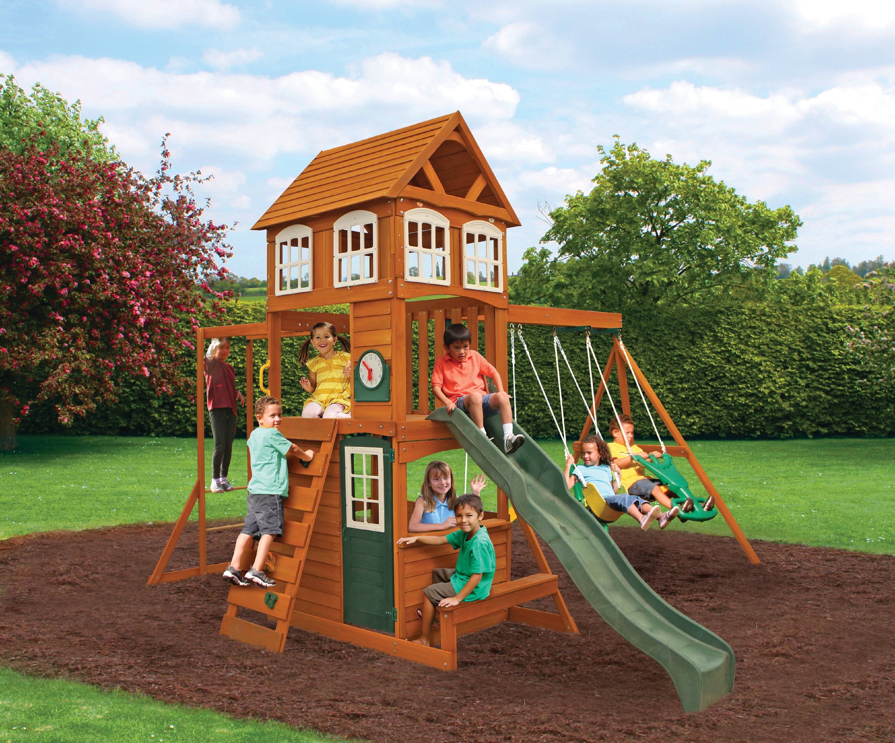 KidKraft Cranbrook Wooden Outdoor Backyard Swing Set / Playset with Monkey Bars, Glider