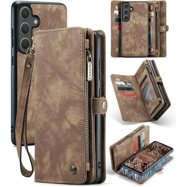 Funda tipo cartera para Samsung Galaxy S25 FE, con cremallera, tarjetero, correa de muñeca, funda protectora trasera magnética desmontable a prueba de golpes para Samsung Galaxy S25 FE 5G