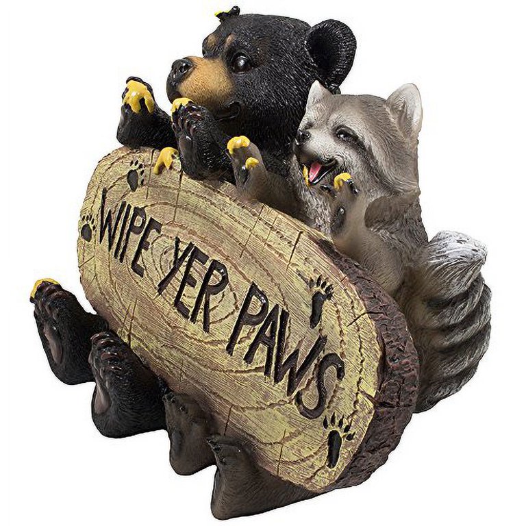 Black Bear and Raccoon Faux Wood Welcome Sign Statue with Reminder