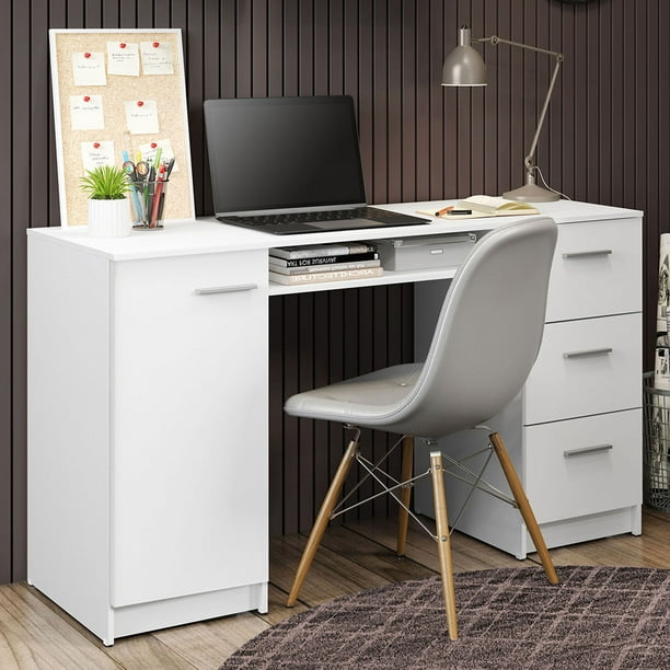 Madesa Bureau moderne avec tiroirs de rangement 53 pouces, bureau d'étude  pour bureau à domicile, table PC de style simple avec 3 tiroirs, 1 porte et  1 étagère de rangement (Blanc) 