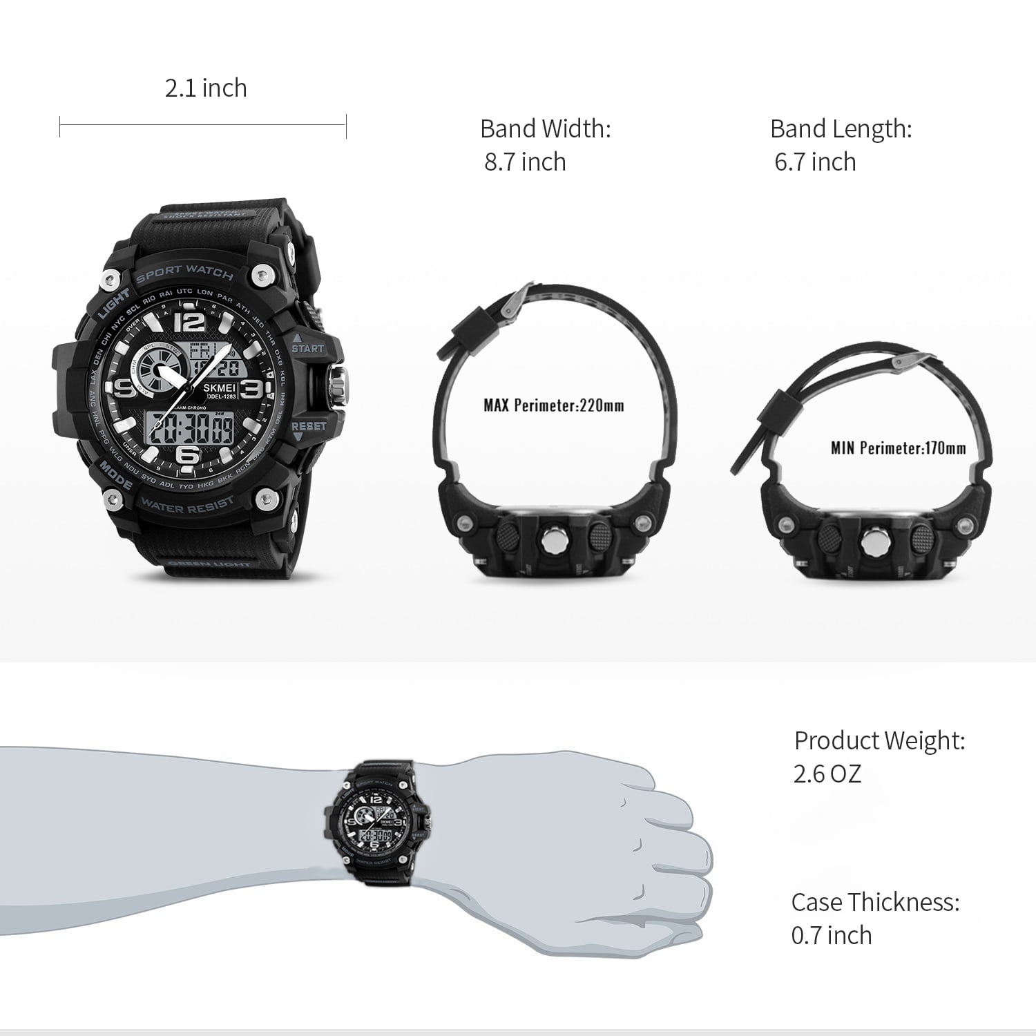 SKMEI Men's Analog Sports Watch, LED Military Digital Watch Electronic Stopwatch Large Dial Time Outdoor Army Wrist Watch