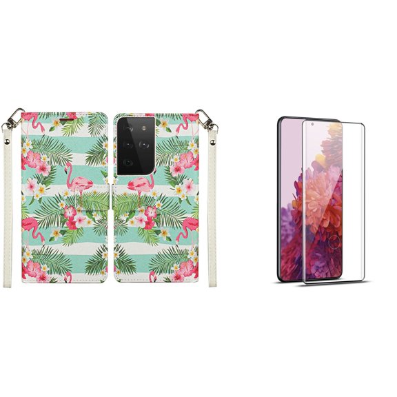 Bemz Pocket Wallet Case for Samsung Galaxy S21 Ultra with (2 Pack) Tempered Glass Screen Protectors and Touch Tool - Flamingo Flowers