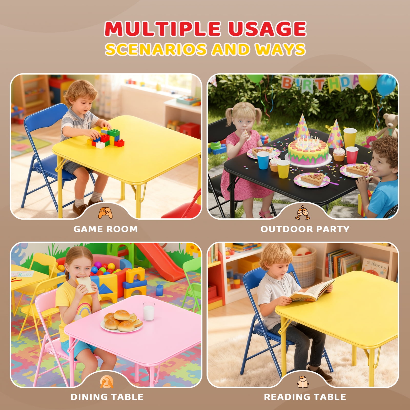 Matladin 3-Piece Kids Folding Table and Chairs Set, Metal Frame Children's Activity Set with Easy-Fold Design, Kids Table with 4 Chairs