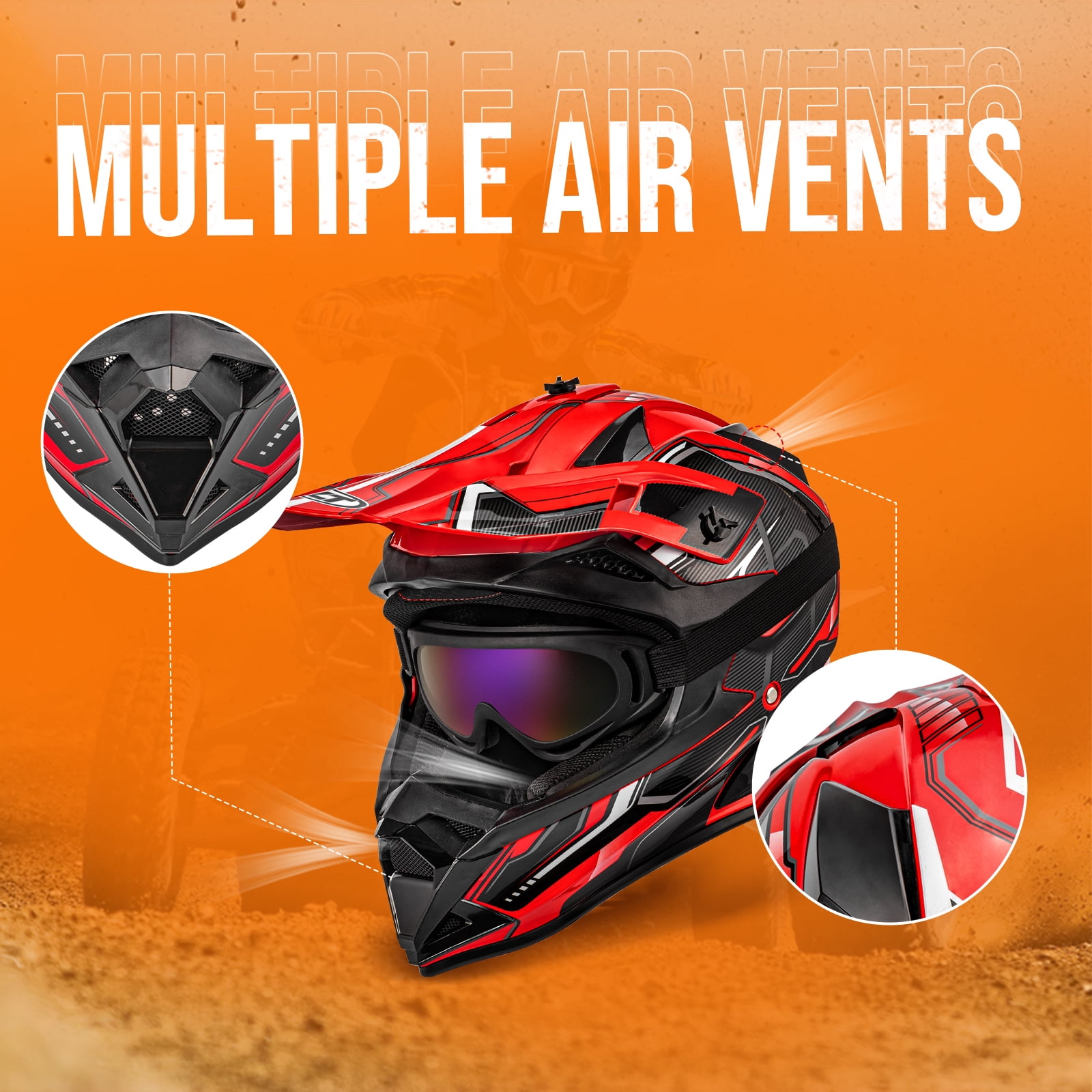 Oumurs Motocross, Off-Road Dirt Bike Helmet, Open Face, Outdoor Motorcycle BMX MX Helmet, Red, Unisex Adult XL with Goggles, Gloves, Mask