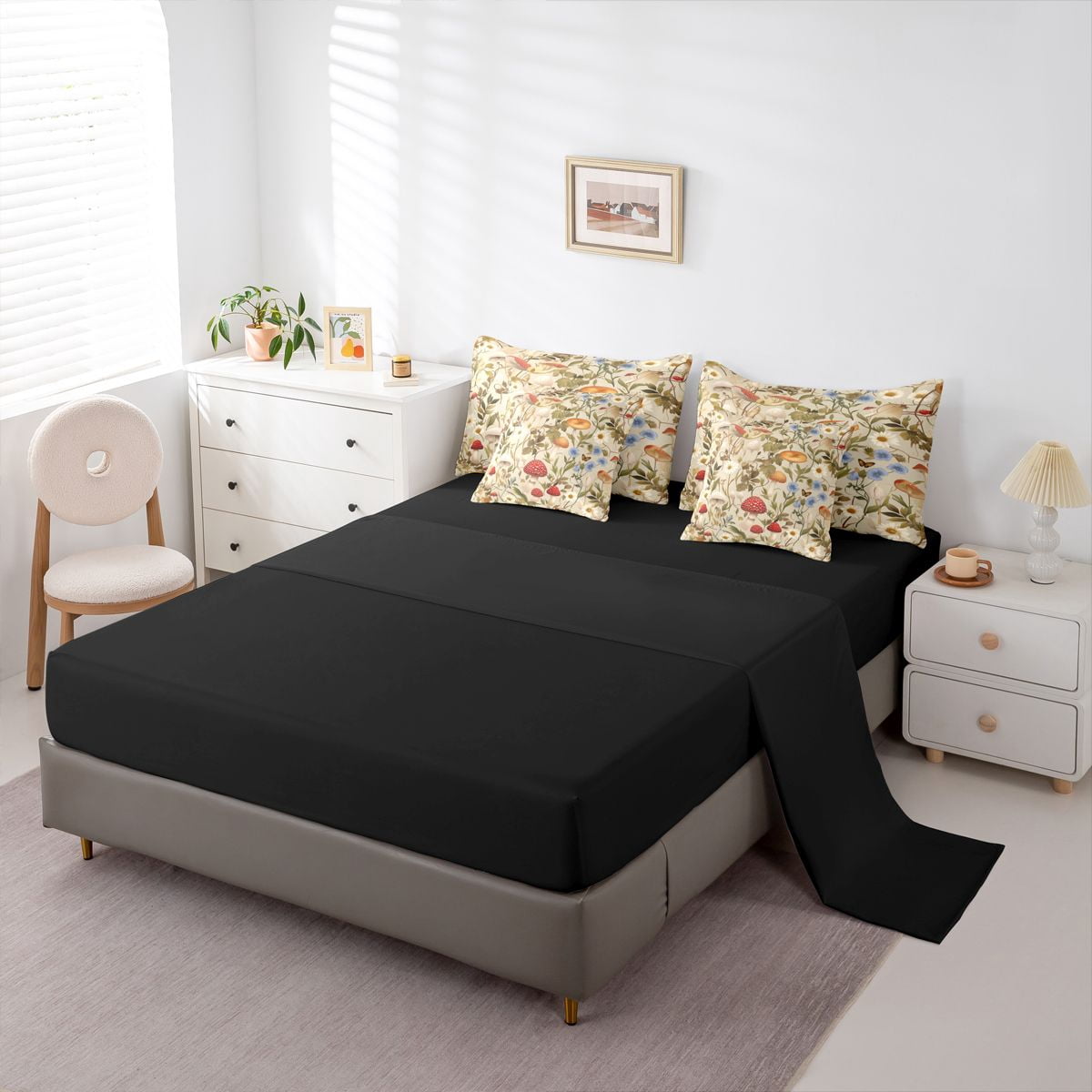 Homewish Cute Mushroom 7-Piece Twin Bedding Sets,Rustic Daisy Flower Bedding Comforter Set,Brown Red Sheet Sets For Adults,Microfiber Bedroom Decor Reversible