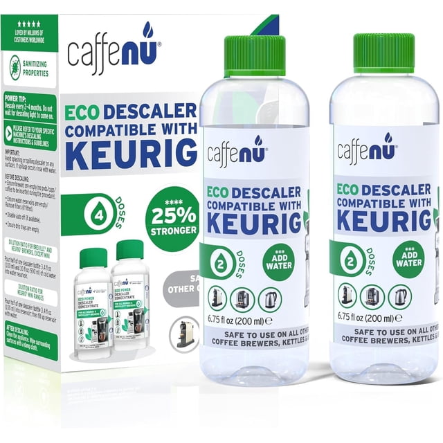 Keurig Compatible Descaling Solution. 2 Bottles of Descaler Solution. Descaling Kit Removes Limescale For Hotter Coffee. 4 Uses Descaler For Keurig Coffee Machines.