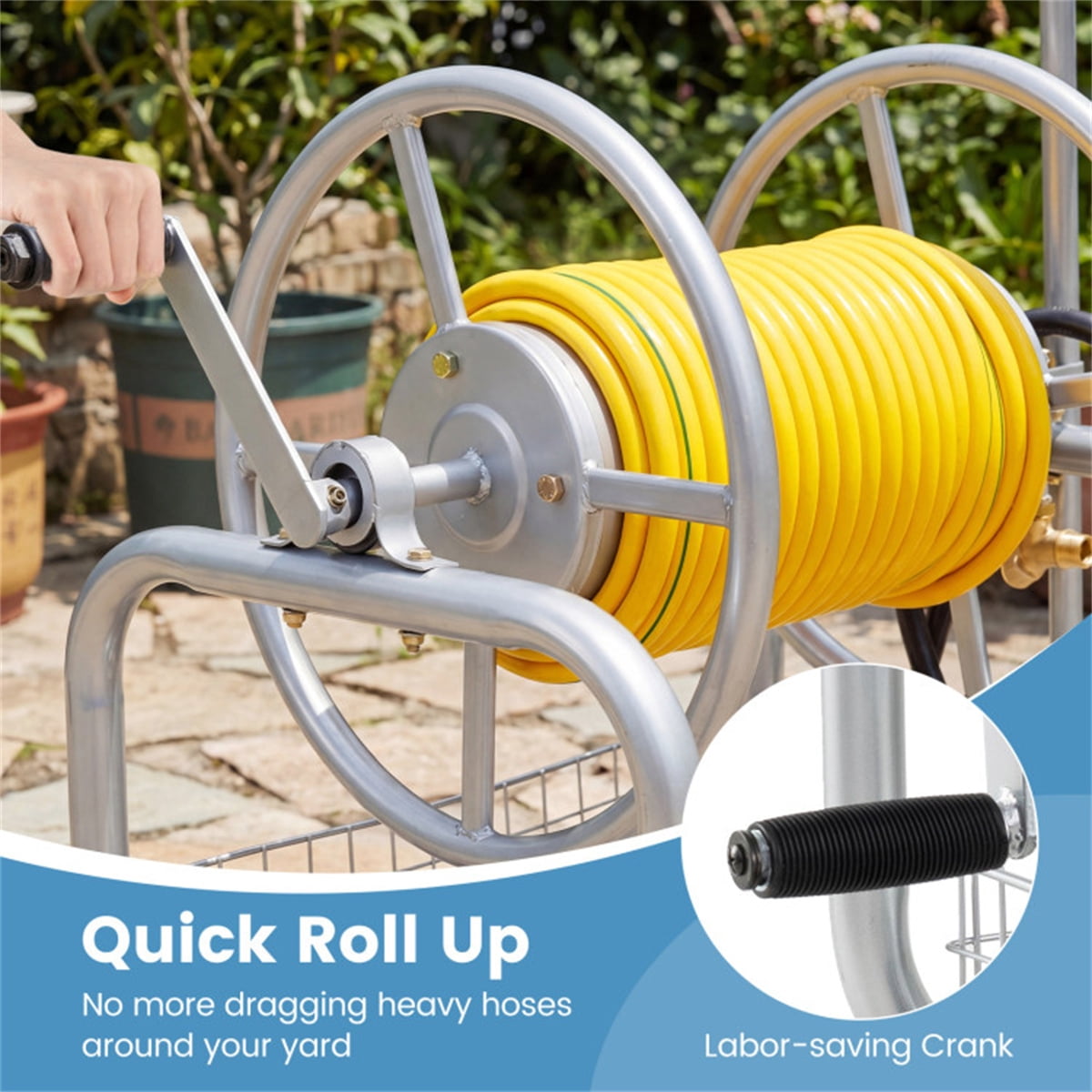 Heavy Duty Garden Hose Reel Cart with 10 Inch Pneumatic Wheels 300 FT Large Capacity Hose Winder with Storage Basket and Brass Fittings Mobile Outdoor Water Hose Holder Silver