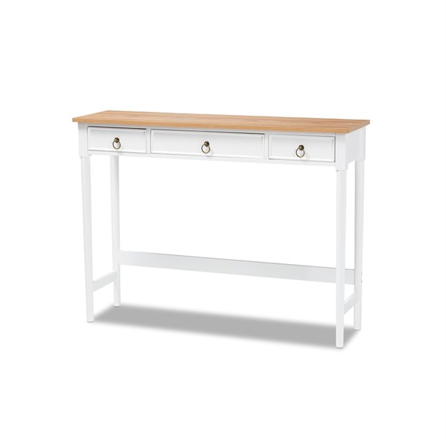 Mesa consola de madera con 3 cajones con acabado natural y blanco clásico y tradicional Sylvie de Baxton Studio Baxton Studio 9046