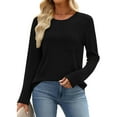 thumbnail image 5 of qolati Long Sleeve Shirts for Women Waffle Knitted Crewneck Basic Tee Tunic Tops Fall Casual Loose Fit T Shirts Fashion Holiday Outfits Black M, 5 of 8