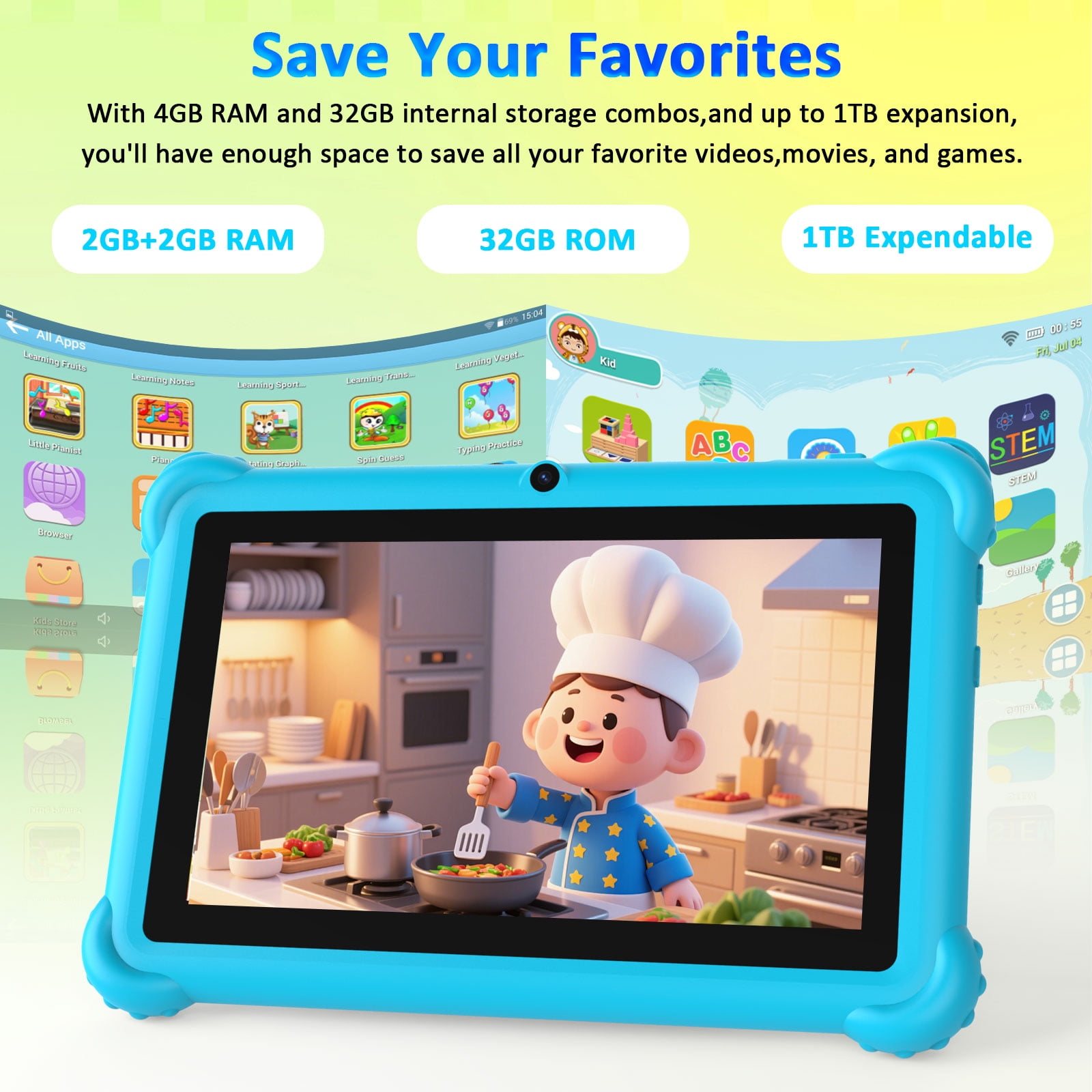 7 inch Kids Tablet for Toddlers, Android 12 Tablet with Case, 4GB RAM+32GB ROM, WiFi, Bluetooth, Safe Eye Protection IPS Screen, Parental Controls, Dual Cameras, Kids Tablet for Education & Gaming