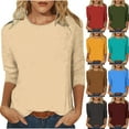 thumbnail image 6 of Lovskoo 2024 Summer 3/4 Length Sleeve Womens Tops Casual Solid Color Round Neck Tops Blouse Olive Green M, 6 of 6