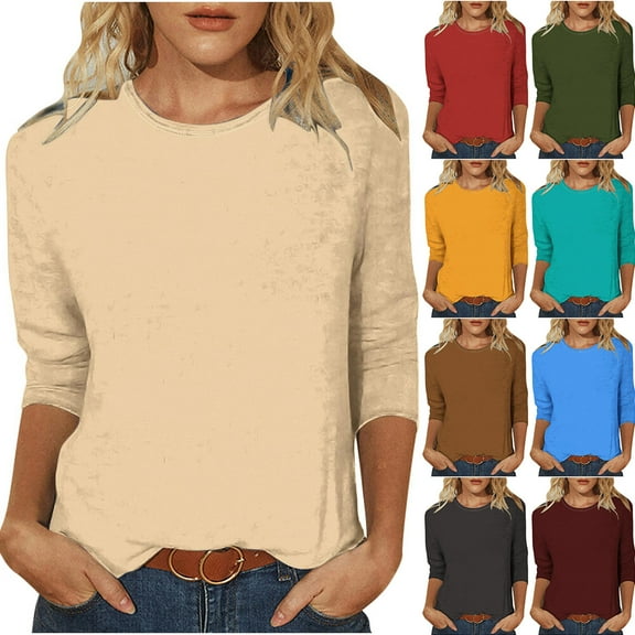 BXINGOHAI Womens Casual 3/4 Sleeve Crew Neck Tee Shirts Solid Color Basic Top Blouses L