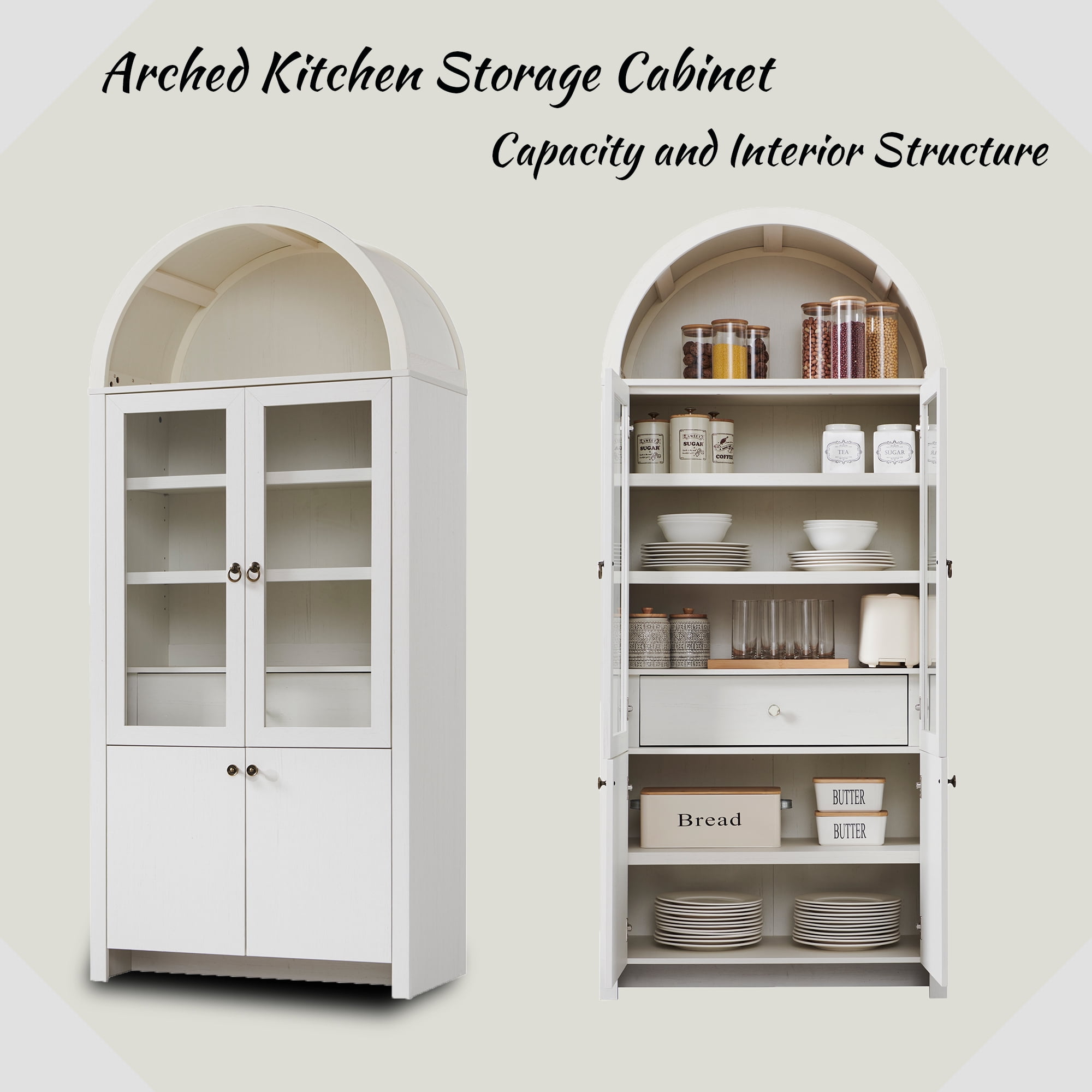 SinCiDo Arched Kitchen Pantry Storage Cabinet, 71" Tall Wood Storage Cabinet with 4 Doors and 6 Shelves for Dining Room Living Room