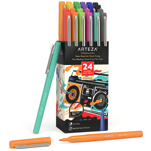 Arteza Set of Classic Felt Pens Rainbow Collection, Each Color X 2, Assorted Colors, Fiber tip - 24 Pieces