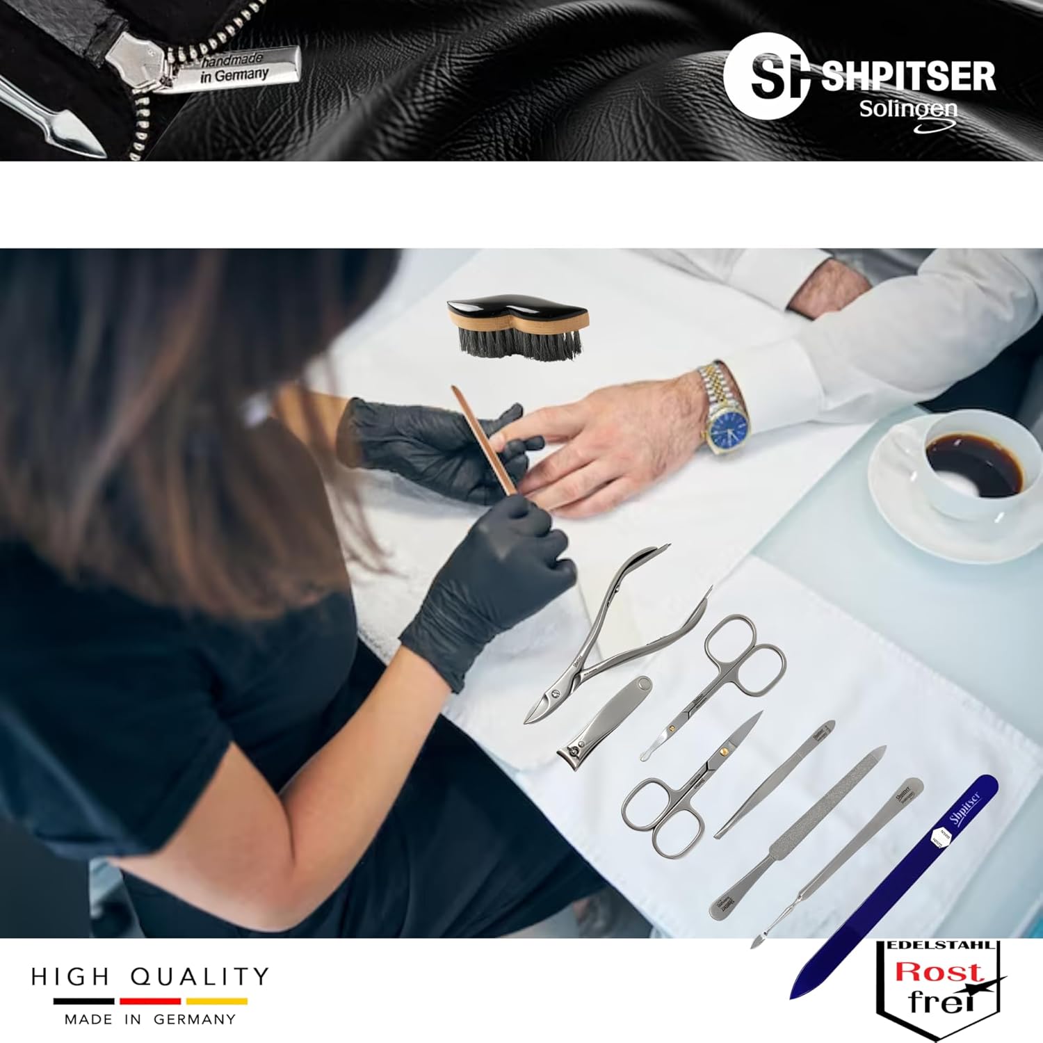 SHPITSER Professional 7pc TopInox Surgical Stainless Steel Tools Manicure Pedicure Set in Genuine Durable Leather Case Handmade in Solingen Germany for Nail and Cuticle and Nose Care