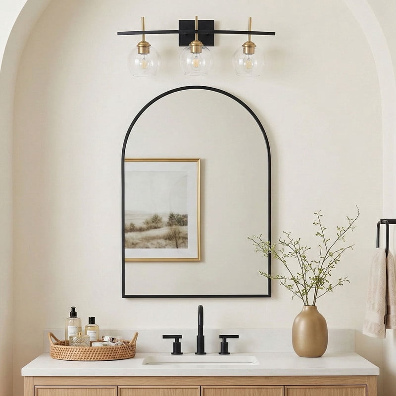 Modern 3-Light Vanity Light | Black & Gold Bathroom Light Fixture with Glass Shades | Industrial Wall Sconce for Bathroom, Vanity, Hallway