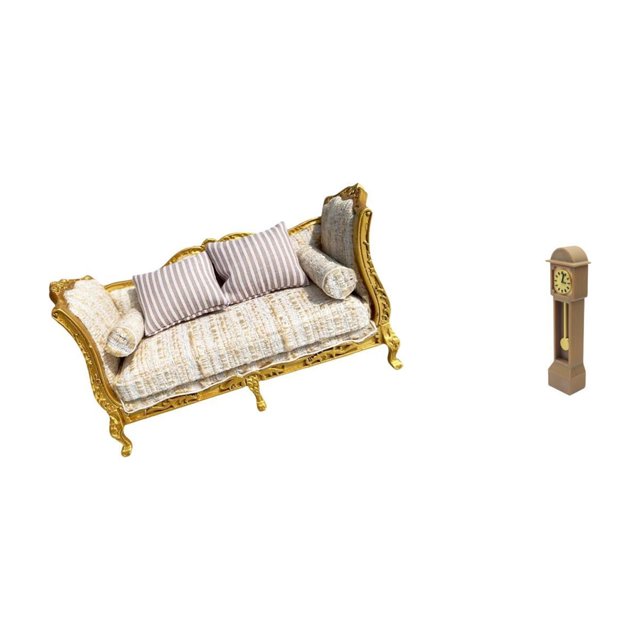 Sofá De Madera En Miniatura Y Reloj De Pie Para Casa De Muñecas Escala 1/12. Ideal Para Crear Escenas De La Vida Cotidiana, Decoración Clásica Y Vintage Para Sala De Estar. Muebles De