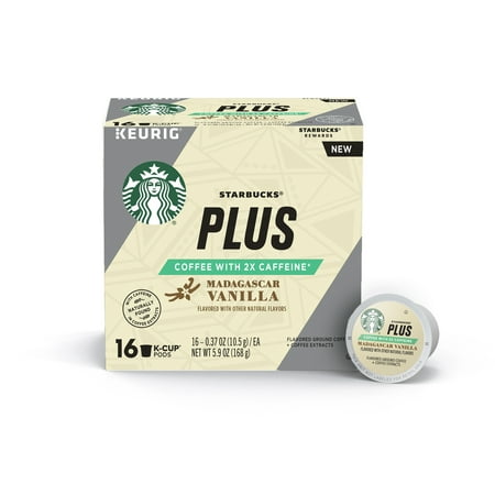 Starbucks Plus Coffee, Madagascar Vanilla Flavored 2X Caffeine Single Cup Coffee for Keurig Brewers, One Box of 16 (16 Total K-Cup (Best Drinks At Starbucks With Caffeine)