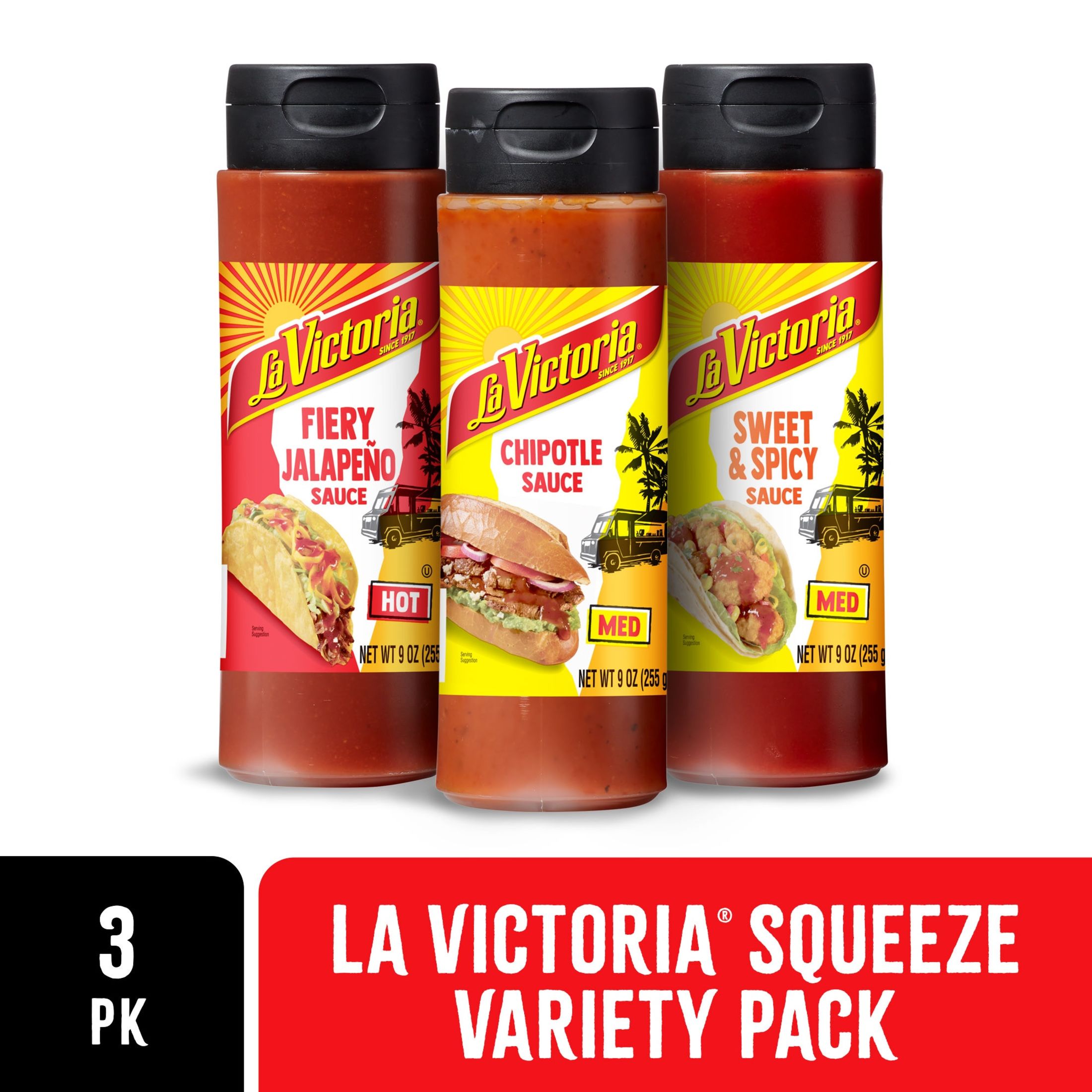 LA VICTORIA Squeeze Variety Pack, Fiery Jalapeño Sauce Hot, Sweet & Spicy Sauce Medium, Chipotle Sauce Medium, 9oz, 3 Count