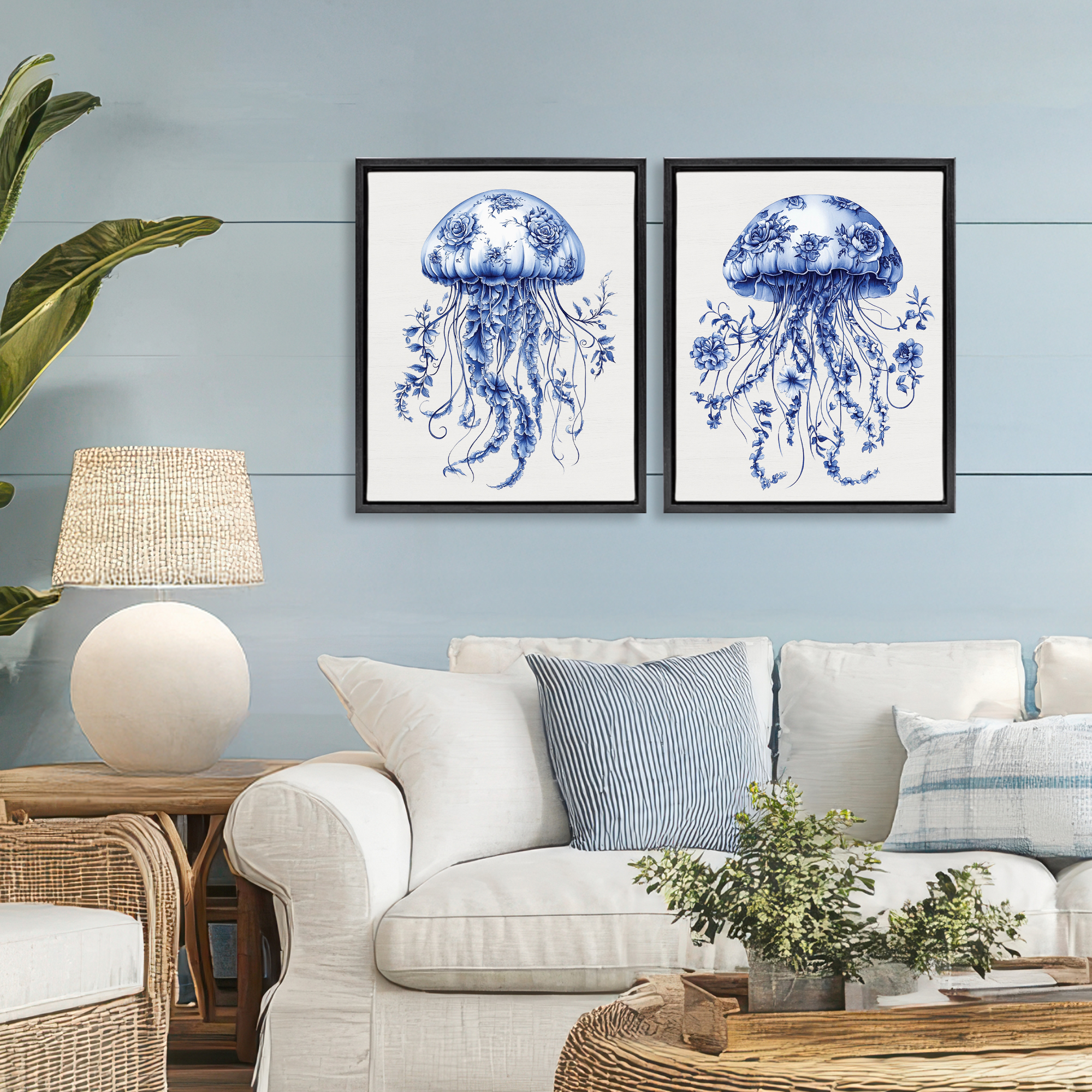 Funky Florals Toile Jellyfish 2 Piece Black Framed Floater Canvas Set, design by Lettered and Lined