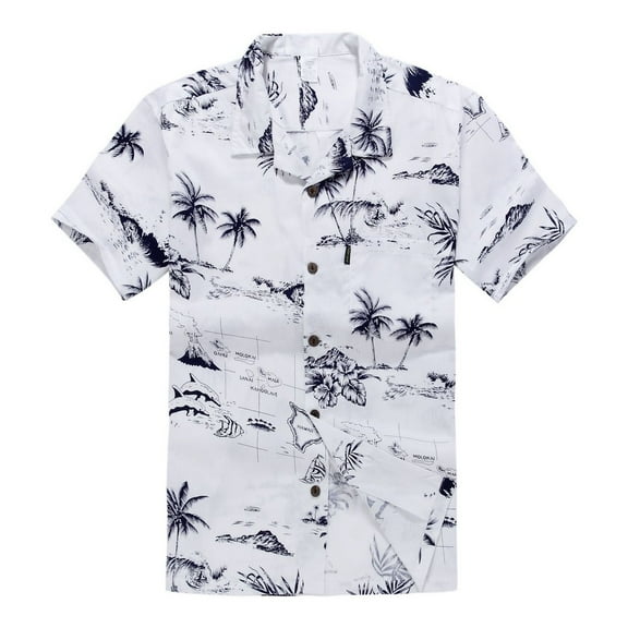 Young Adult Boy Hawaiian Aloha Luau Shirt Only in White Map and Surfer 16