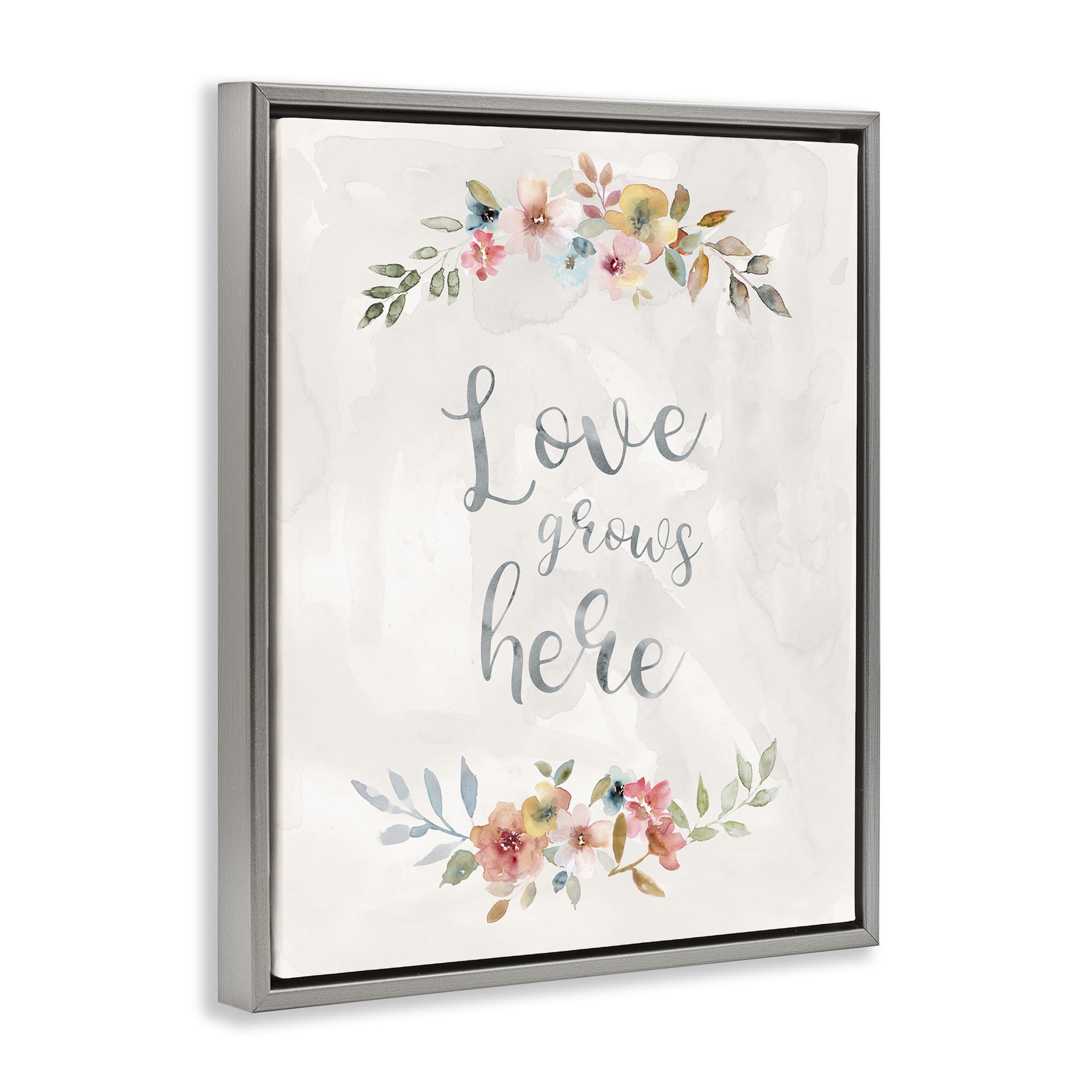 Stupell Industries Floral Love Grows Here Plants & Flowers Painting Gray Floater Framed Canvas Art Print Wall Art, 17 x 21