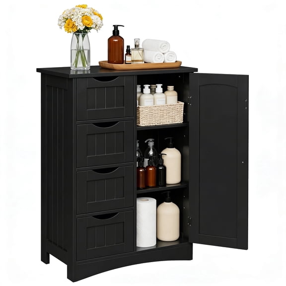 SuperDeal Wooden Freestanding Floor Cabinet Storage Organizer/Shelf with 4 Drawers and 1 Cupboard, Black