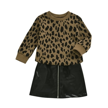

Toddler Girl Clothes Leopard Long Sleeves Top Leather Skirt Fall Winter Outfit