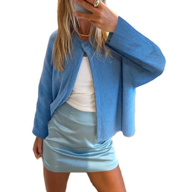 Gupgi Women Knitted Crop Cardigan Solid Color Sweater Long Sleeve Button Down Open Front Casual Knitwear Tops