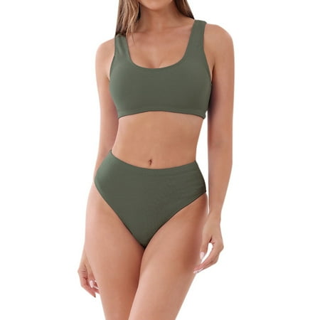 ANINEO 2025 Women Sexy Solid Color Plus Size 2PCS Bikini Swimsuit High Waist Beach Swimwear Comfortable Boho Versatile Hawaii Summer Tropical Brazilian Beachwear