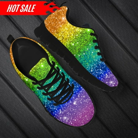 

Cool Rainbow Glitter Texture Printed Girls Flat Shoes Breathable Slip-on Mesh Sneakers Outdoor Lace up Scarpe Donna