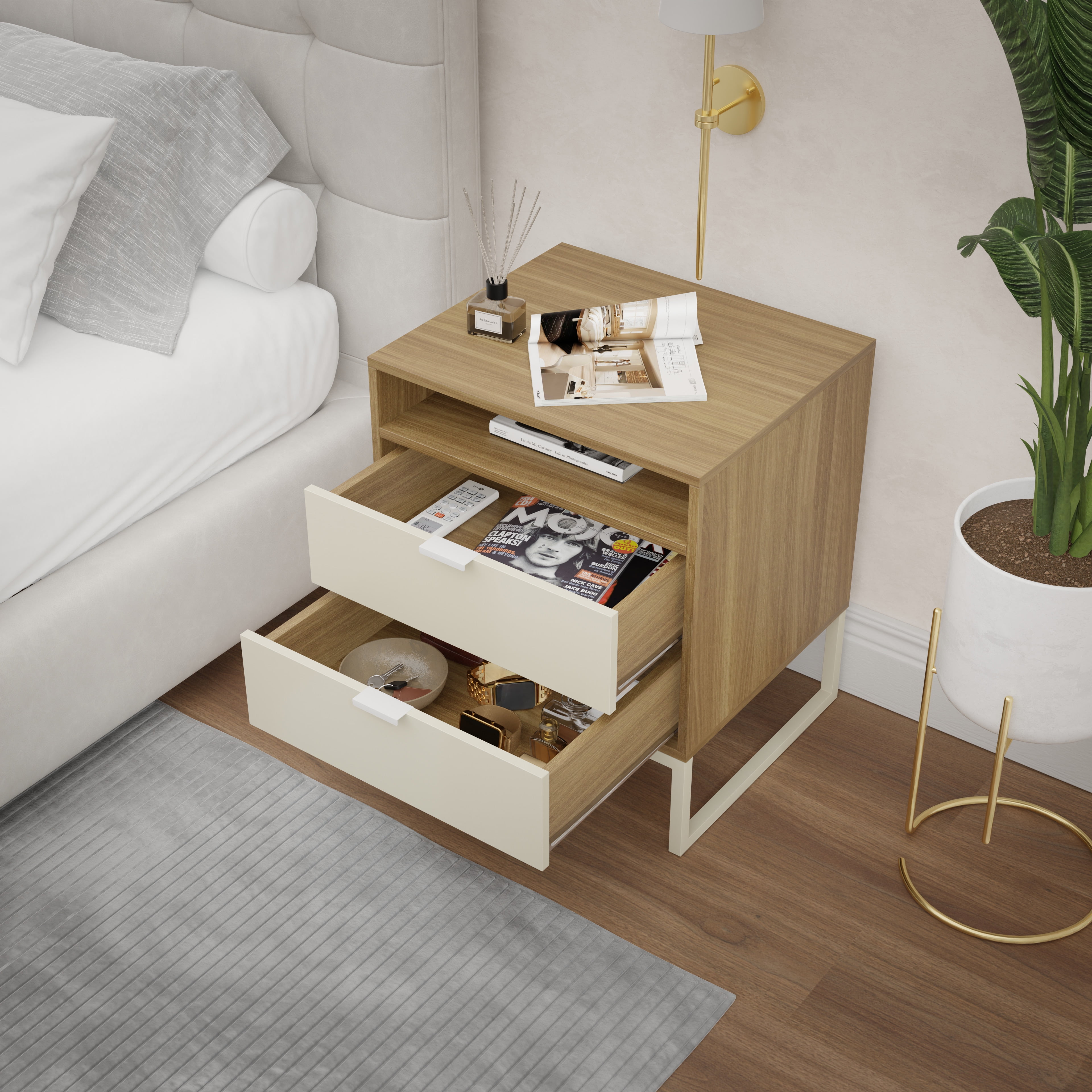 Kappesberg Collins Set of 2 Nightstands - Light Brown/Cream – 21.25"W, 2-Drawer - for Adults and Teens